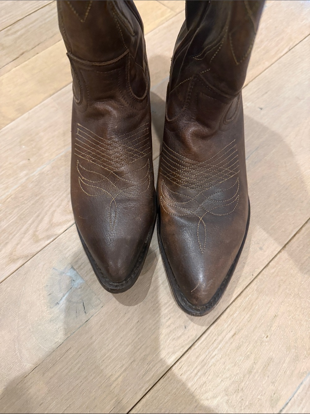 Frye Brown Leather Western Heeled Boots with Stitch Detail - Picture 10 of 10